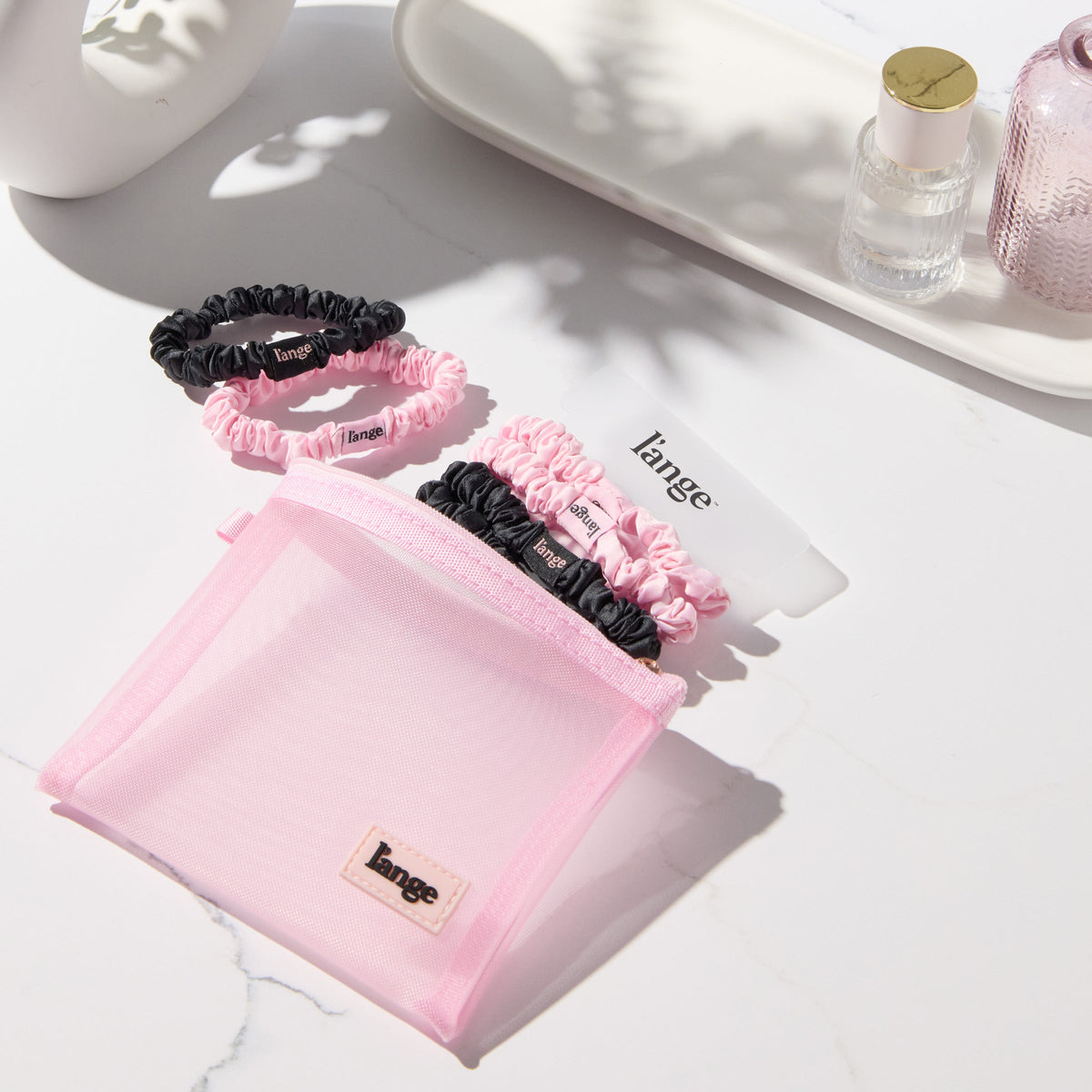 Small Satin Scrunchies 6 Piece Set - Black and Blush